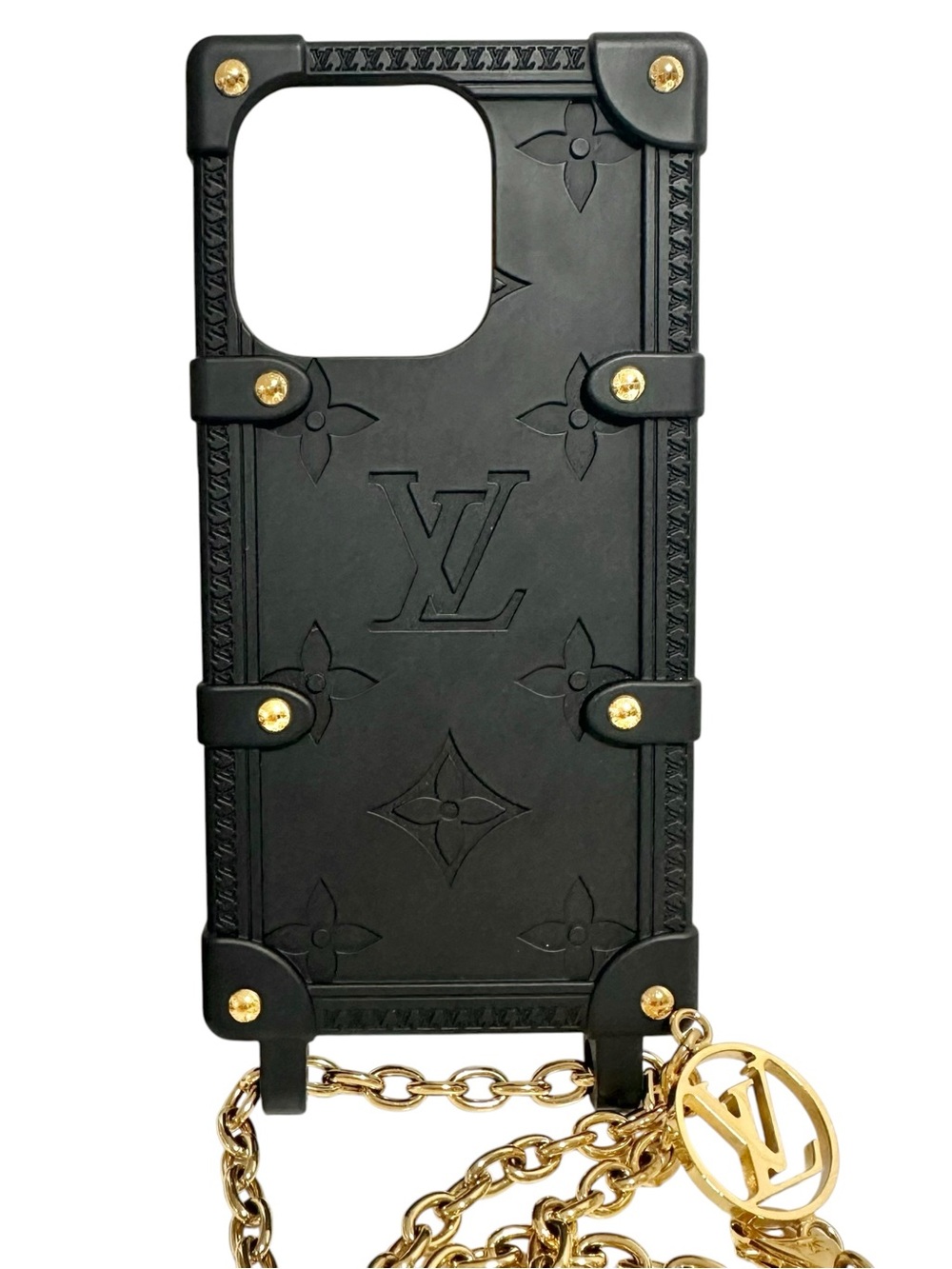 Louis Vuitton Black Matte Embossed Monogram Trunk iPhone 14 Pro Case Gold Chain - Picture 13 of 16